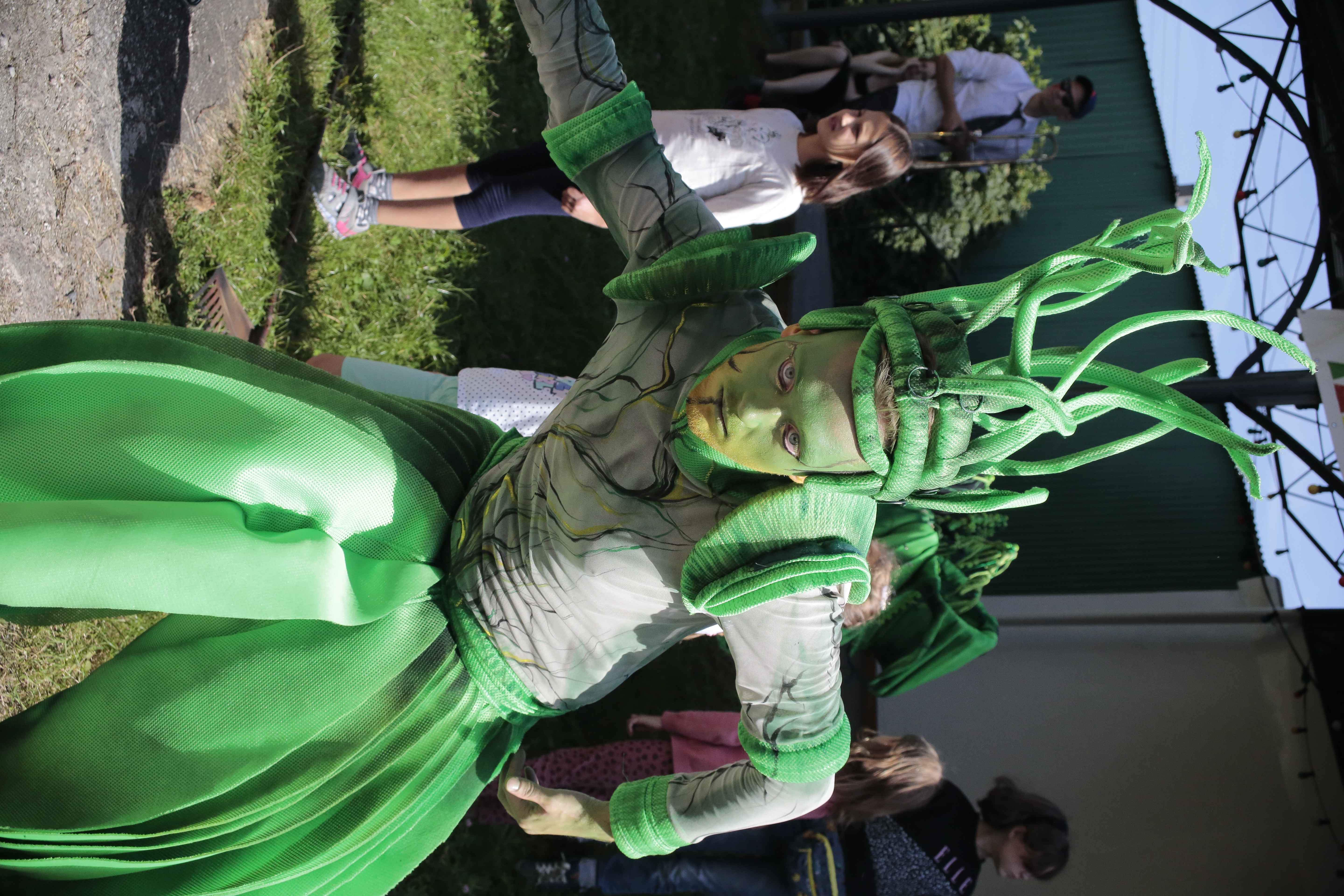 Przed sceną w tanecznej pozie stoi aktor z pomalowaną na zielono twarzą, z nakryciem głowy z wysoko sterczącymi zielonymi łodygami. W tle widać dzieci oglądające taniec innych roślin.
